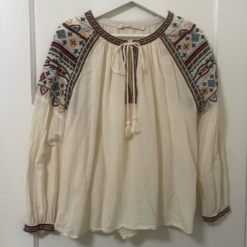 Zara Trafaluc Collection Embroidered Peasant Blouse. Sz XS